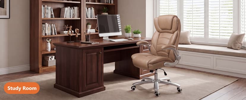 GYI Big and Tall Office Chair 400lb Wide Seat, Ergonomic High Back Leather Executive Desk Chair with Flip-up Arms, Brown