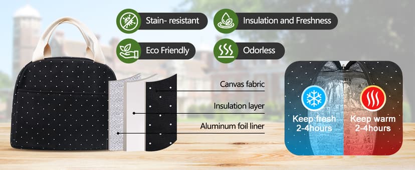 EurCross Upgraded Compact Black Lunch Bag for Girls Women,Canvas Reusable Insulated Polka Dot Lunch Tote Box Bag for Work School