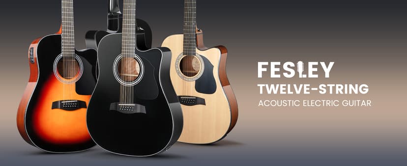 Fesley 12 String Guitar: 42" Full Size Acoustic Electric Guitars for Beginners Adults, Spruce Top Guitarra Acustica, Cutaway Guitar Bundle with Gig Bag, Picks, Strings, Strap, Gloss, Black