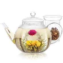 Teabloom Complete Glass Tea Set – Teapot (40 oz), Loose Tea Infuser, 4 Insulated Teacups, Tea Warmer with Candlelight, and 12 Flowering Teas – Elegant Blooming Tea Gift Set