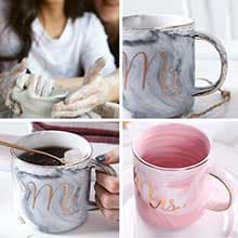 Jumway Mr and Mrs Coffee Mugs - Wedding Gifts for Bride and Groom - Gifts for Bridal Shower Engagement Wedding and Married Couples Anniversary - Ceramic Marble Cups 14 Oz Pink