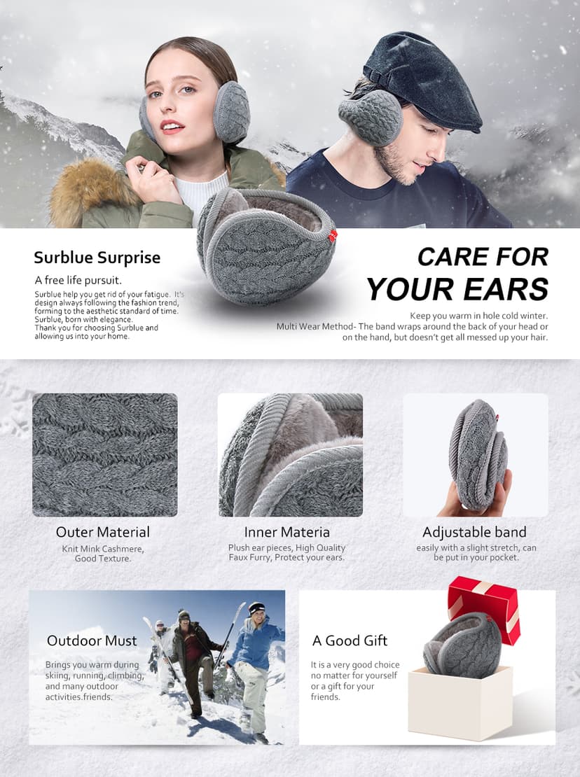 Surblue Unisex Warm Knit Earmuffs Ladies Outdoor Cashmere Winter Pure Color Fur Earwarmer