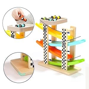 Toddler Toys for 1 2 Year Old Boy and Girl Gifts Wooden Race Track Car Ramp Racer with 4 Mini Car