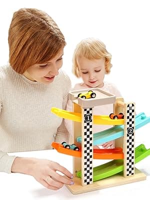 Toddler Toys for 1 2 Year Old Boy and Girl Gifts Wooden Race Track Car Ramp Racer with 4 Mini Car