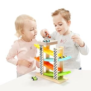 Toddler Toys for 1 2 Year Old Boy and Girl Gifts Wooden Race Track Car Ramp Racer with 4 Mini Car