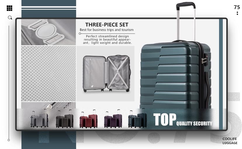 Coolife Expandable Suitcase PC ABS TSA Luggage 3 Piece Set Lock Spinner Carry on (Teal blue)